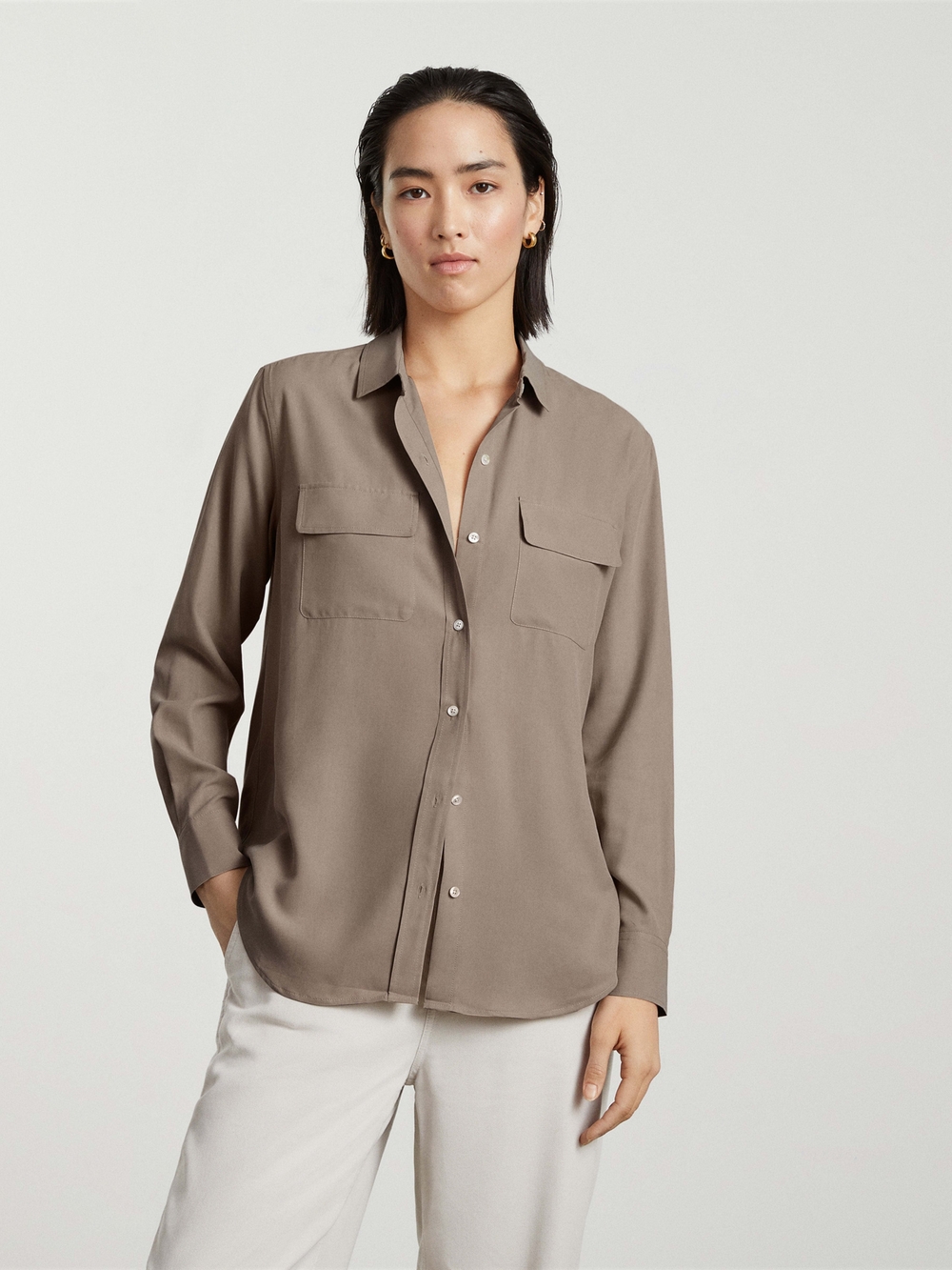 Everlane Washable Silk Relaxed Shirt Button Down Olive Green